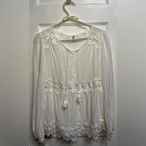 Johnny Was "Jade" long-sleeve peasant blouse eyelet lace trim swiss dots size Xs